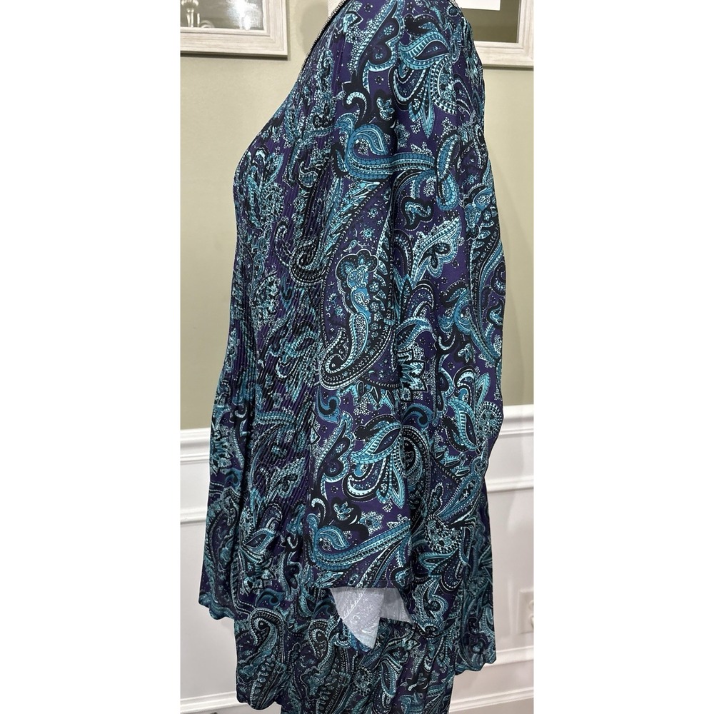 Catherines Bejeweled Pleated Blouse 3x V Neck Paisley Blue Resortwear - Picture 4 of 10